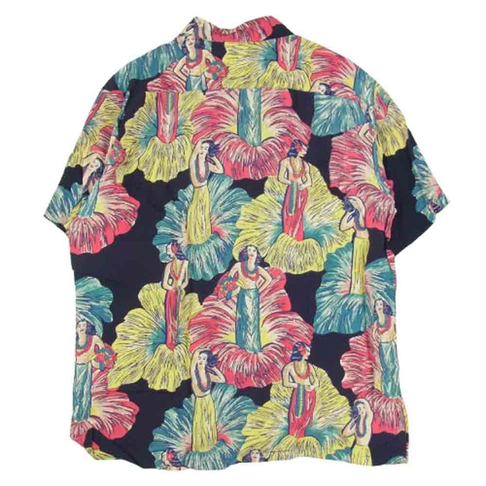 SUN SURF サンサーフ M32186 POSED HULA DANCER アロハ ハワイアン 半袖 シャツ ネイビー系 ピンク系 L【中古】