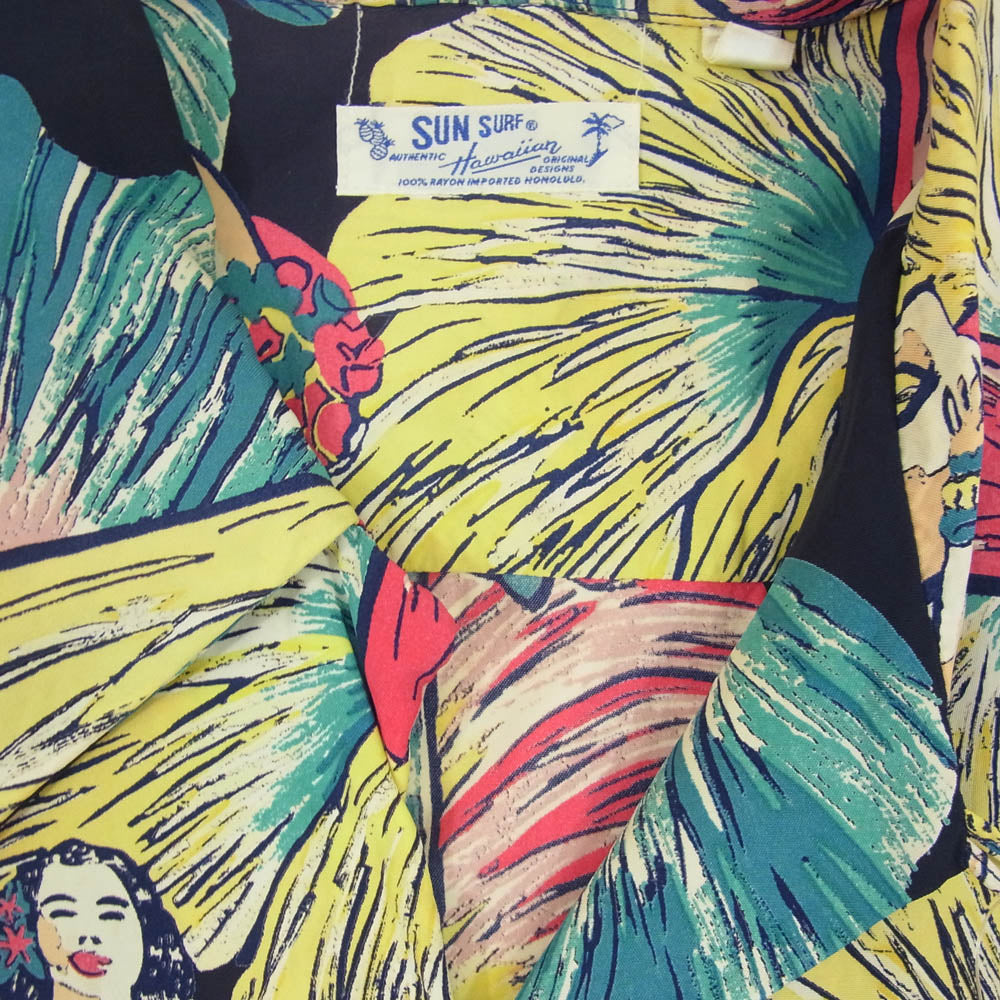 SUN SURF サンサーフ M32186 POSED HULA DANCER アロハ ハワイアン 半袖 シャツ ネイビー系 ピンク系 L【中古】