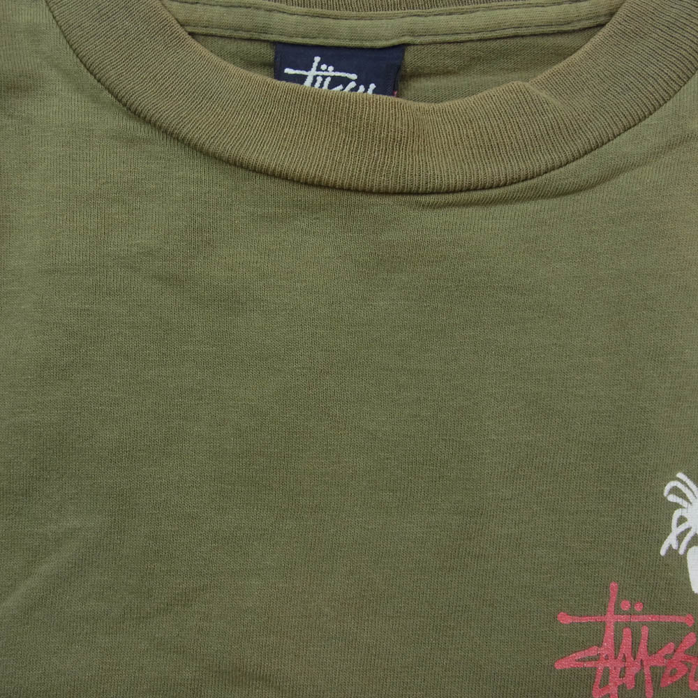 STUSSY ステューシー 90s 紺タグ USA製 old stussy シャドーマン プリント Tシャツ カーキ系 L【中古】