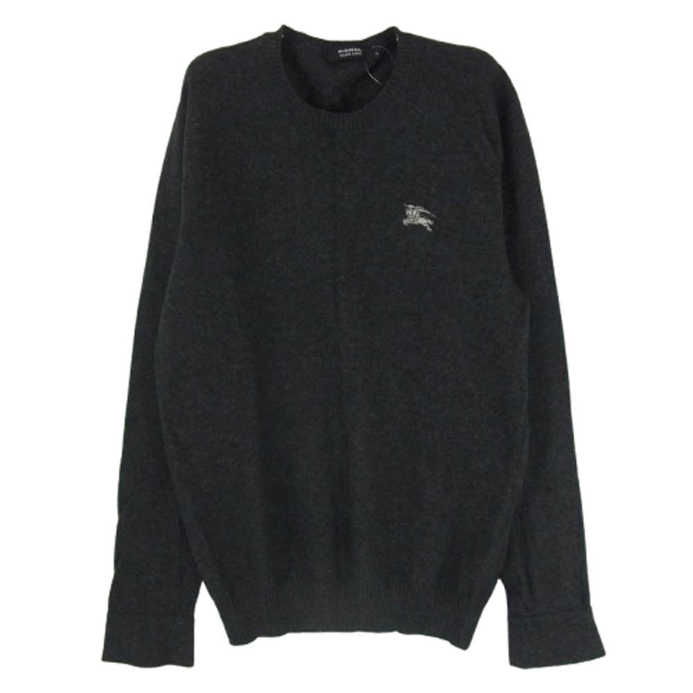 BURBERRY BLACK LABEL バーバリーブラックレーベル BMT23-522-07 カシミヤ混ウール ロゴ刺繍 袖裏ボーダーカフス クルーネック ニット ダークグレー系 2【中古】
