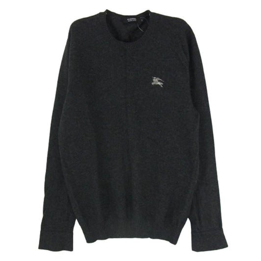 BURBERRY BLACK LABEL バーバリーブラックレーベル BMT23-522-07 カシミヤ混ウール ロゴ刺繍 袖裏ボーダーカフス クルーネック ニット ダークグレー系 2【中古】