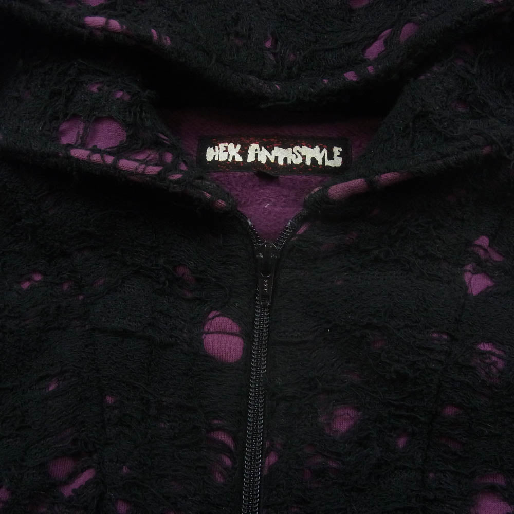 HEX ANTISTYLE ヘックスアンチスタイル クラッシュ加工 ジップ フード パーカー ブラック系 パープル系 L【中古】