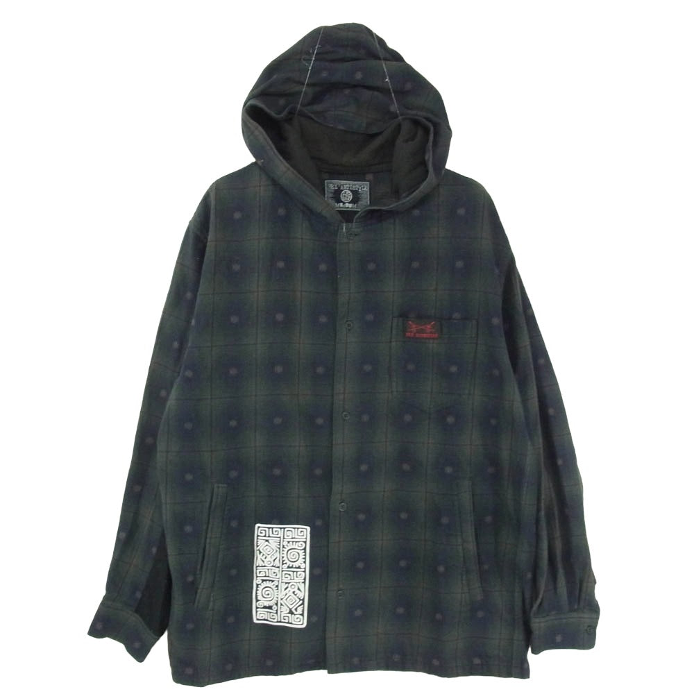 HEX ANTISTYLE ヘックスアンチスタイル フード付き バックプリント チェック 長袖 シャツ グリーン系 M【中古】