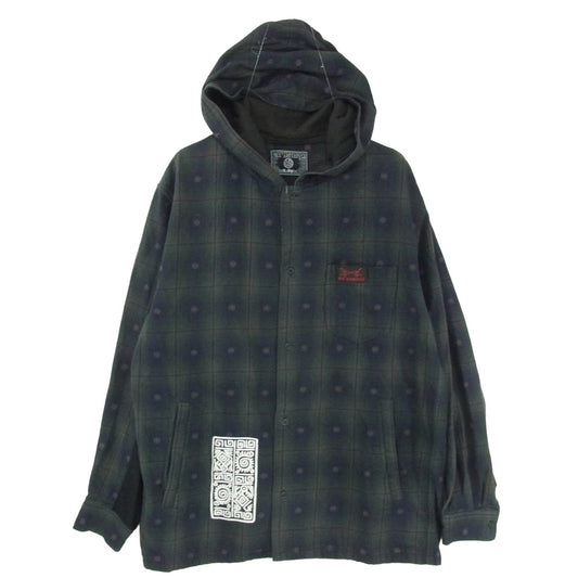 HEX ANTISTYLE ヘックスアンチスタイル フード付き バックプリント チェック 長袖 シャツ グリーン系 M【中古】