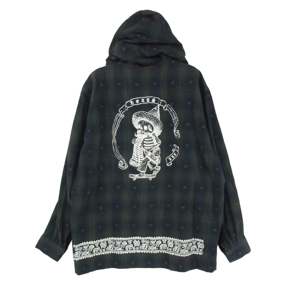 HEX ANTISTYLE ヘックスアンチスタイル フード付き バックプリント チェック 長袖 シャツ グリーン系 M【中古】