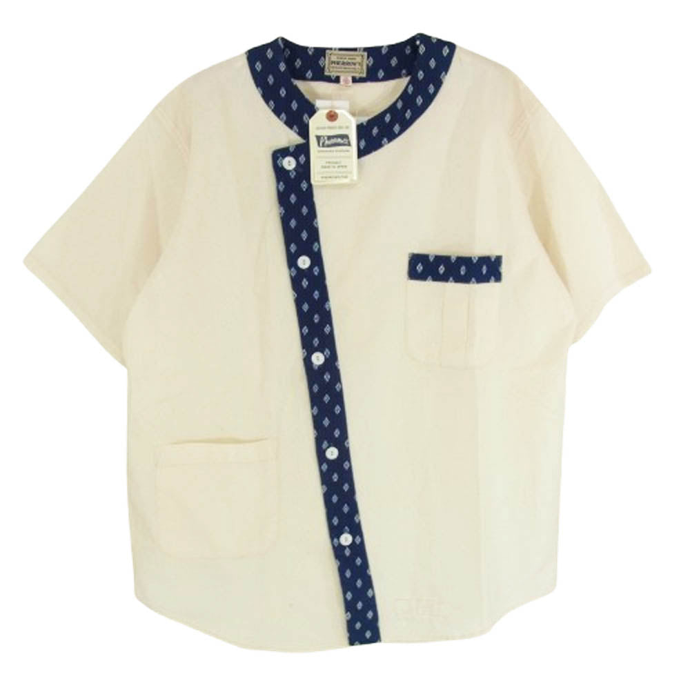 Pherrow's フェローズ 24S-PTS1 ノーカラー 半袖 シャツ オフホワイト系 インディゴブルー系 L【美品】【中古】