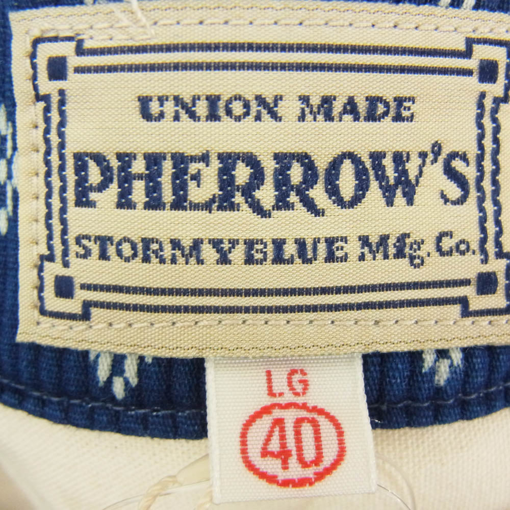 Pherrow's フェローズ 24S-PTS1 ノーカラー 半袖 シャツ オフホワイト系 インディゴブルー系 L【美品】【中古】