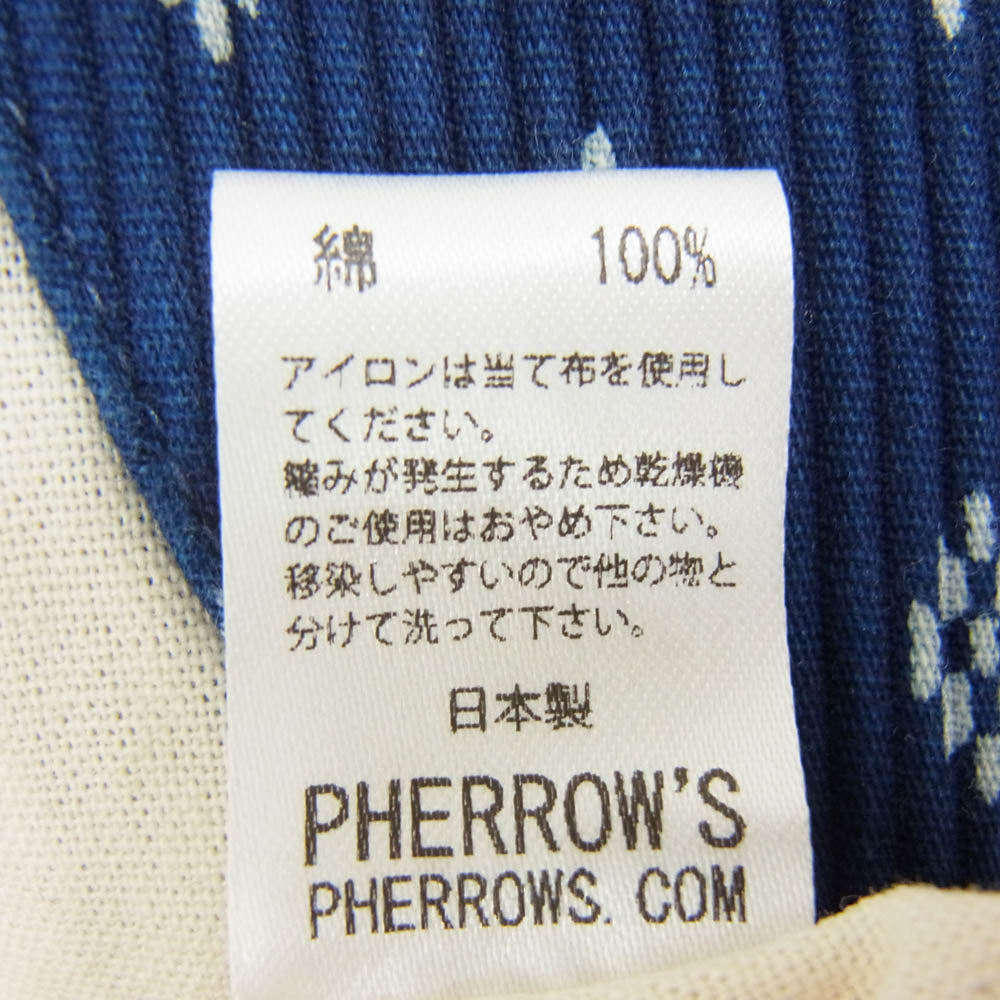 Pherrow's フェローズ 24S-PTS1 ノーカラー 半袖 シャツ オフホワイト系 インディゴブルー系 L【美品】【中古】