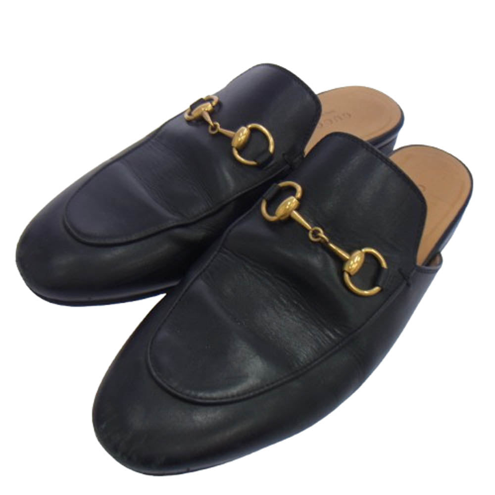 GUCCI グッチ 423513 ホースビット プリンスタウン ゴールド金具 レザー スリッパ シューズ ブラック系 37【中古】