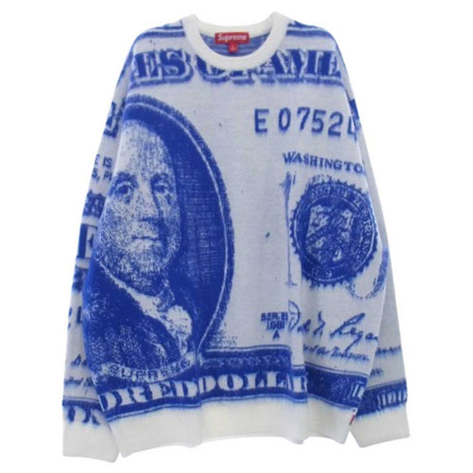 Supreme シュプリーム 25SS MONEY SWEATER マネーセーター 総柄 クルーネックニット ブルー系 ホワイト系 L【新古品】【未使用】【中古】