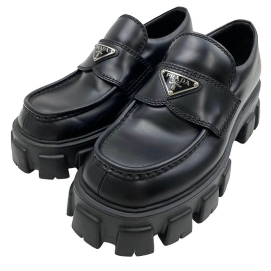PRADA プラダ Monolith Pointy Brushed Leather Loafers トライアングルプレート ロゴ モノリス ローファー 厚底 ブラック系 6【中古】
