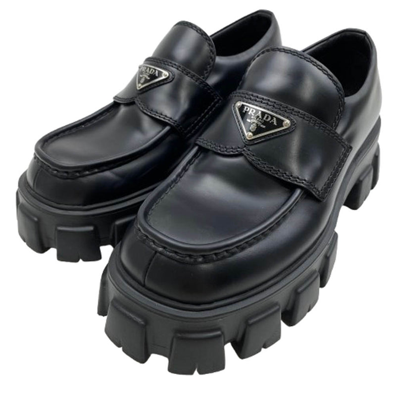 PRADA プラダ Monolith Pointy Brushed Leather Loafers トライアングルプレート ロゴ モノリス ローファー 厚底 ブラック系 6【中古】