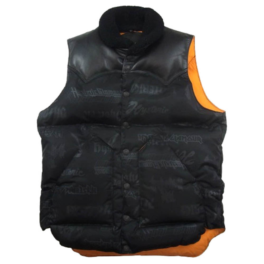 HYSTERIC GLAMOUR ヒステリックグラマー 02173AV01 ×Rocky Mountain Featherbed ロッキー マウンテン フェザーベッド METAL LOGO ロゴ 総柄 CHRISTY ダウン ベスト ブラック系 オレンジ系 M【中古】