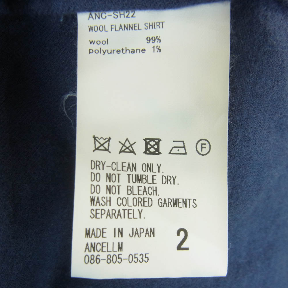 ANCELLM アンセルム ANC-SH22 WOOL FLANNEL SHIRT/NAVY ウール フランネル 長袖 シャツ ネイビー系 2【中古】