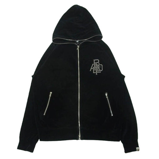 A BATHING APE アベイシングエイプ BAPE LOGO 刺繍 フルジップ ベロア パーカー ブラック系 M【中古】