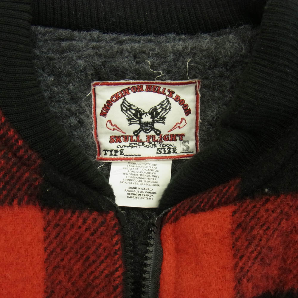 SKULL FLIGHT スカルフライト × FREE RIDE 刺繍 プリント ブロックチェック ボアライナー付 ウールベスト レッド系 S【中古】