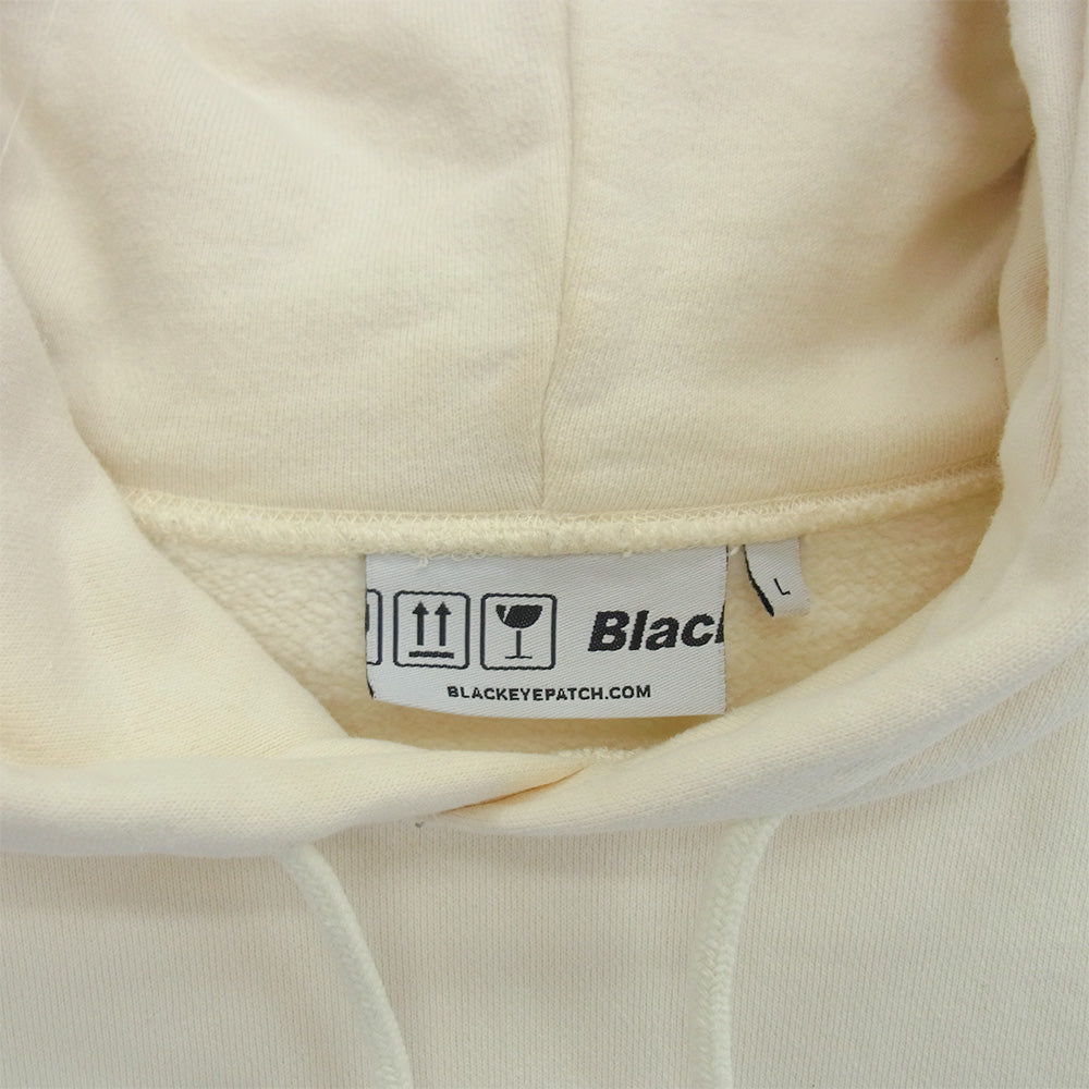 BlackEyePatch ブラックアイパッチ 取扱注意 刺繍 LABEL HOODIE SWEATSHIRT プルオーバー スウェット パーカー フーディ ベージュ ホワイト系 L【中古】