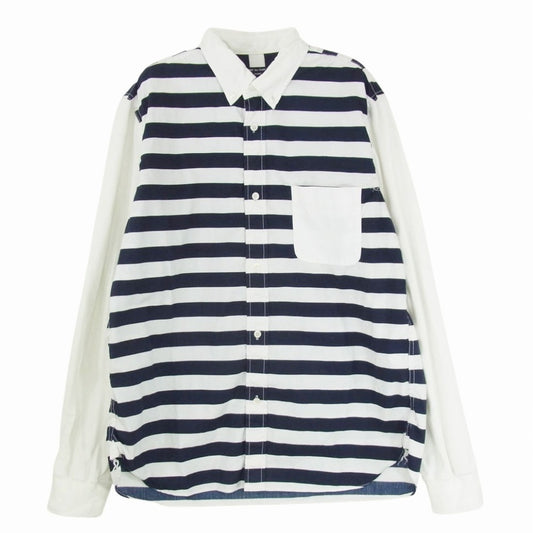 COMME des GARCONS HOMME コムデギャルソンオム AD2015 HQ-B027 異素材MIX 袖切替 ボーダー ボタンダウン ポケット付き 長袖シャツ ダークネイビー系 L【中古】