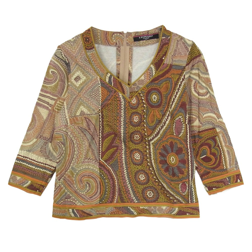 LEONARD レオナール FASHION ファッション 総柄 Vネック 長袖 カットソー ブラウン系 L【中古】