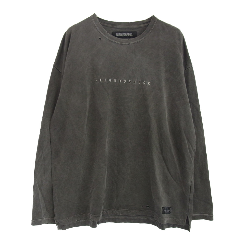 NEIGHBORHOOD ネイバーフッド 19AW 192FPNH-CSM02S SAVAGE.SQD/C-CREW.LS サベージ ダメージ加工 ロゴ刺繍 クルーネック 長袖 カットソー ブラック グレー系 L【中古】