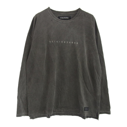 NEIGHBORHOOD ネイバーフッド 19AW 192FPNH-CSM02S SAVAGE.SQD/C-CREW.LS サベージ ダメージ加工 ロゴ刺繍 クルーネック 長袖 カットソー ブラック グレー系 L【中古】