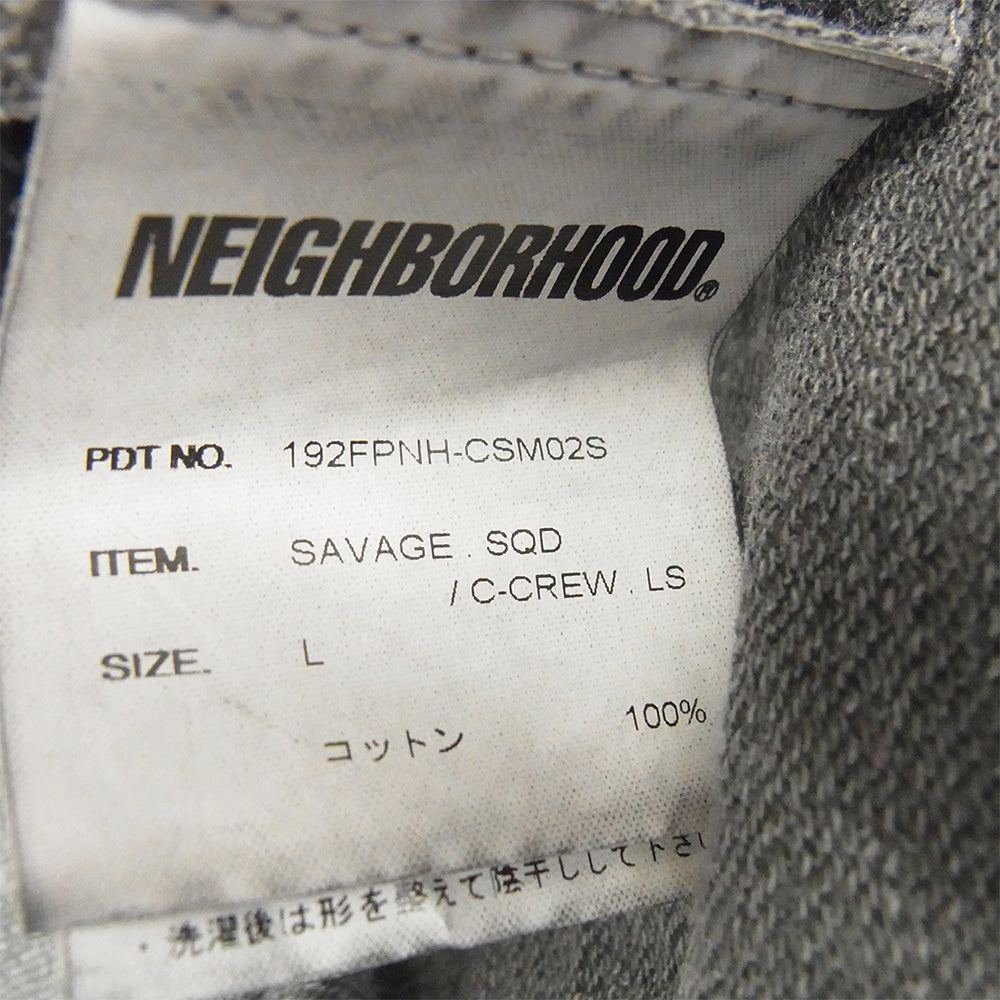 NEIGHBORHOOD ネイバーフッド 19AW 192FPNH-CSM02S SAVAGE.SQD/C-CREW.LS サベージ ダメージ加工 ロゴ刺繍 クルーネック 長袖 カットソー ブラック グレー系 L【中古】