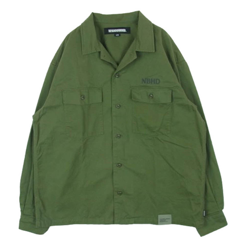 NEIGHBORHOOD ネイバーフッド 24AW 241TSNH-SHM09 BDU SHIRT LS NBHSD ロゴプリント ネップバックチノ 長袖 ミリタリー シャツ グリーン系 L【中古】