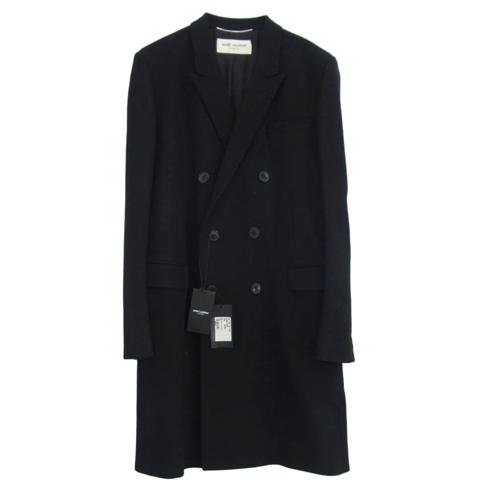 SAINT LAURENT サンローラン ダブルブレスト ベルト付き ウール チェスター コート ブラック系 52【極上美品】【中古】