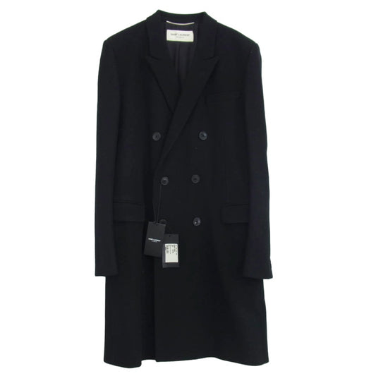 SAINT LAURENT サンローラン ダブルブレスト ベルト付き ウール チェスター コート ブラック系 52【極上美品】【中古】