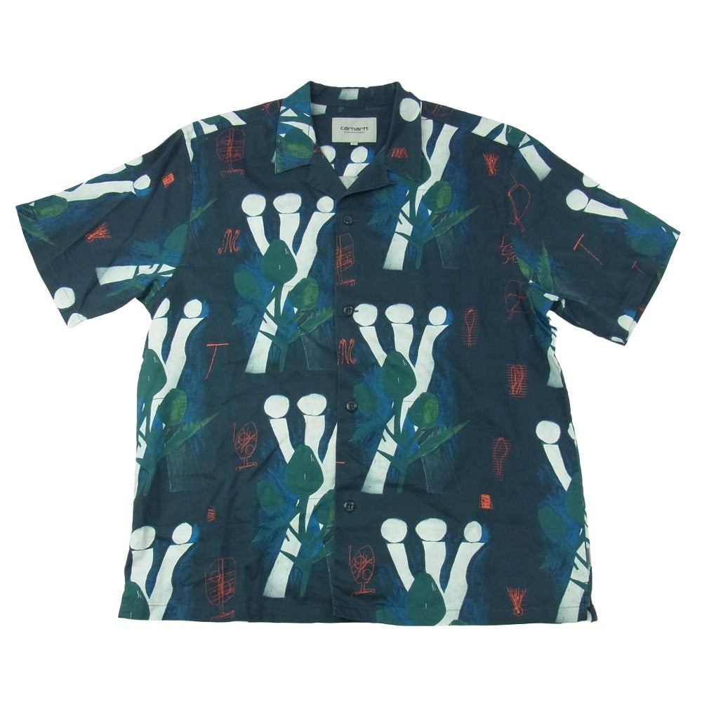 Carhartt カーハート I028797 S/S TOM KROL FLOWERS SHIRT トム・クロル フラワーズ オープンカラー コットンリヨセルサテン 半袖 シャツ ダークネイビー系 マルチカラー系 L【中古】