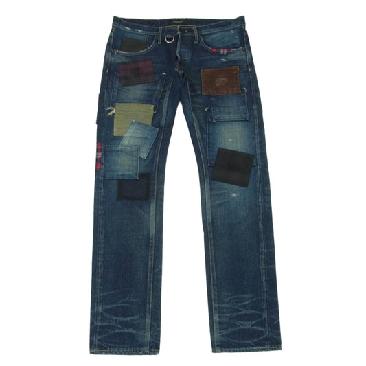 オーバーデザイン パッチワーク ボタンフライ ストレート デニム パンツ 日本製 インディゴブルー系 32【中古】
