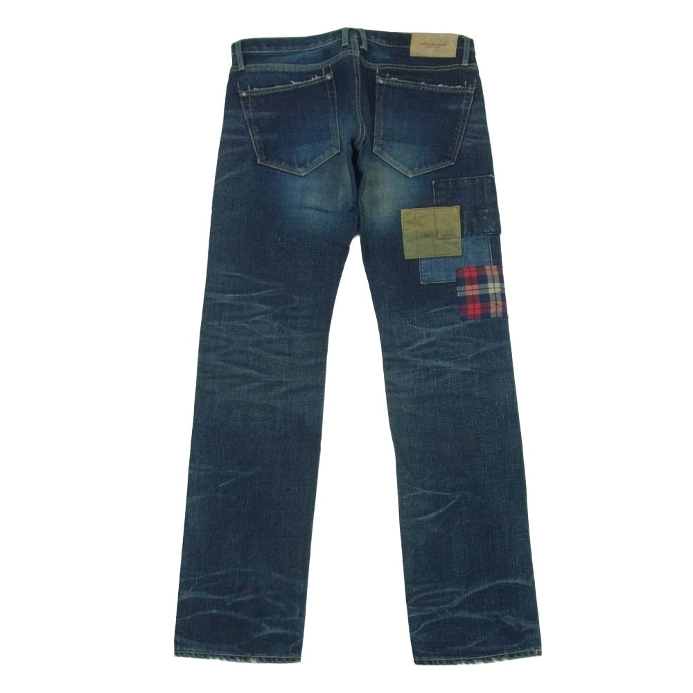 オーバーデザイン パッチワーク ボタンフライ ストレート デニム パンツ 日本製 インディゴブルー系 32【中古】
