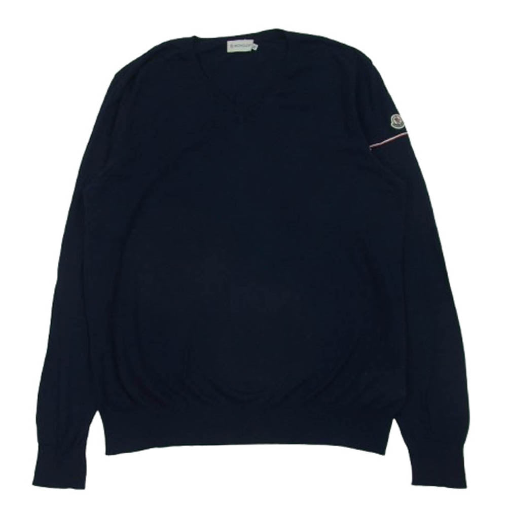 MONCLER モンクレール 510919143900 MAGLIA TRICOT SCOLLO A V ロゴワッペン Vネック ニット セーター ネイビー系 XL【中古】