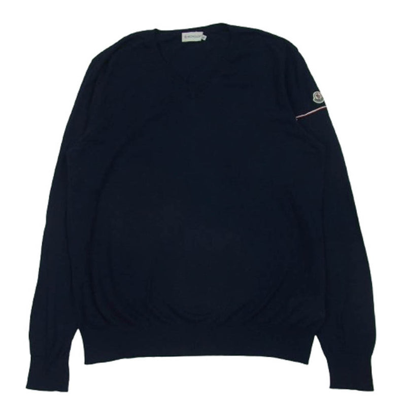 MONCLER モンクレール 510919143900 MAGLIA TRICOT SCOLLO A V ロゴワッペン Vネック ニット セーター ネイビー系 XL【中古】