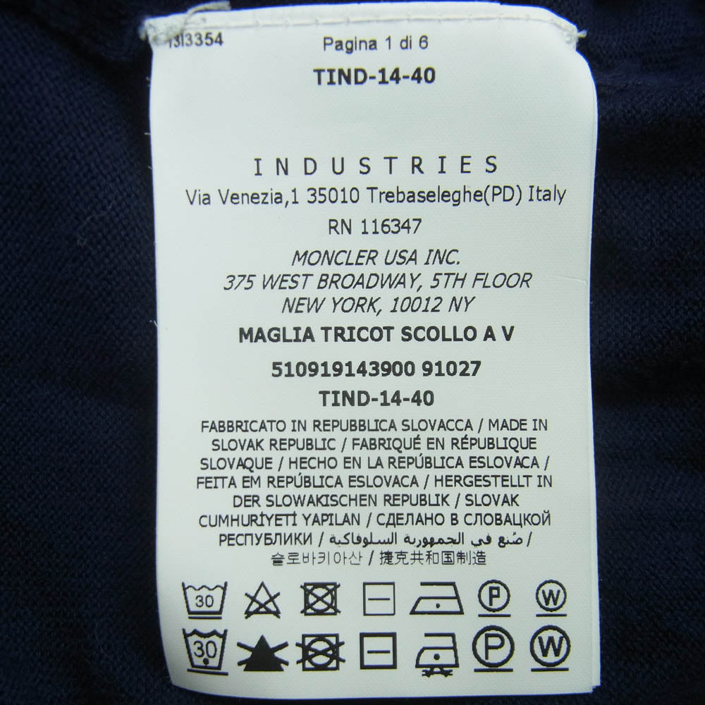 MONCLER モンクレール 510919143900 MAGLIA TRICOT SCOLLO A V ロゴワッペン Vネック ニット セーター ネイビー系 XL【中古】