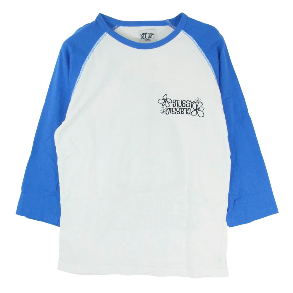 STUSSY ステューシー 00s old hibiscus raglan Tee オールド ハイビスカス ラグランTシャツ ホワイト系 ブルー系 S【中古】