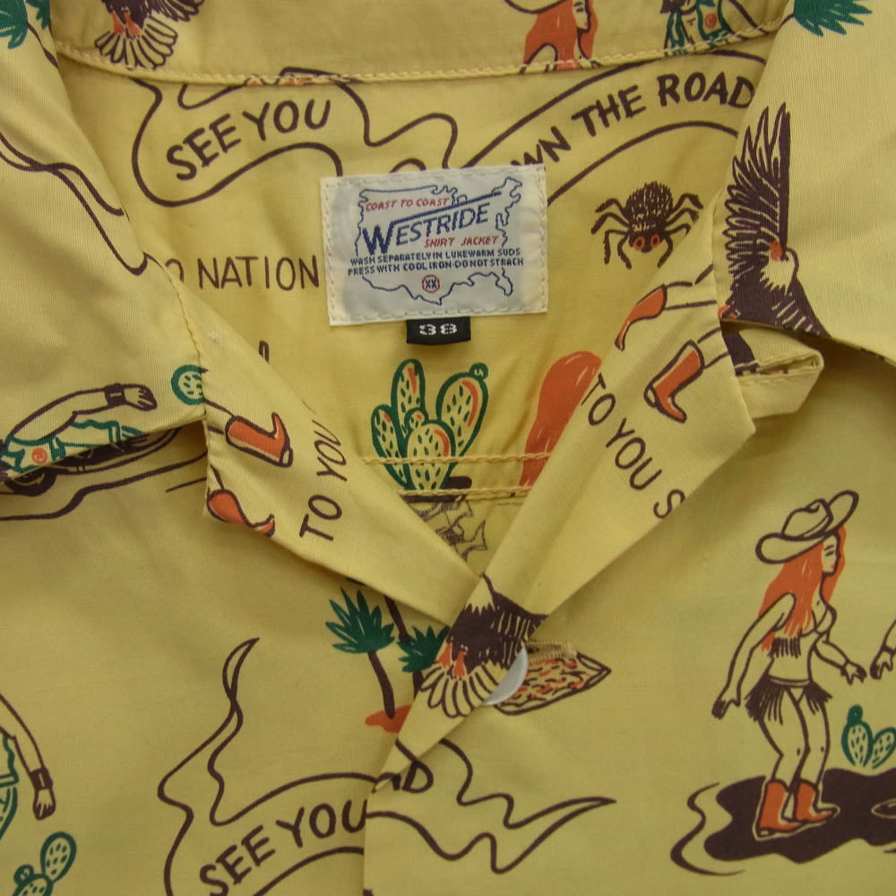 WESTRIDE ウエストライド スーベニール バイカー 総柄 プリント 長袖 レーヨン シャツ イエロー系 マルチカラー系 38【美品】【中古】