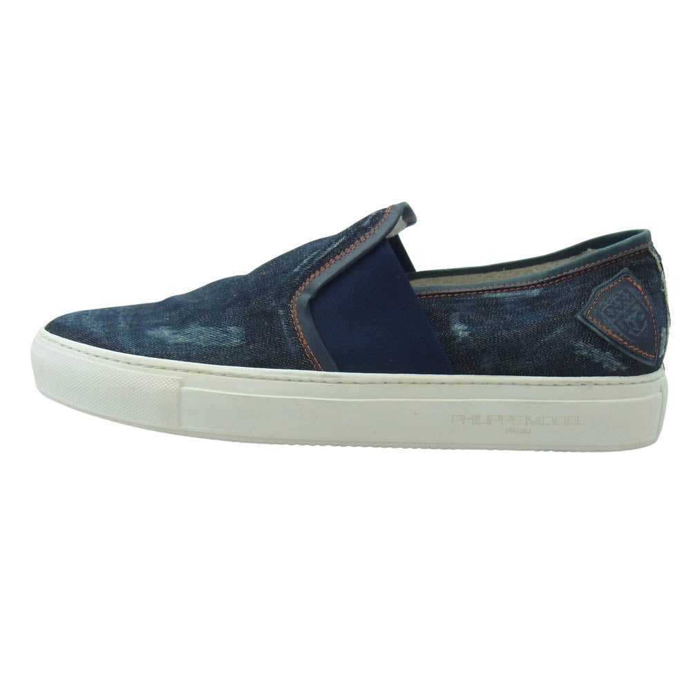 1piu1uguale3 ウノピュウノウグァーレトレ PHILIPPE MODEL フィリップモデル別注 TROPEZ DENIM USED加工 デニム スリッポン シューズ インディゴブルー系 45【中古】