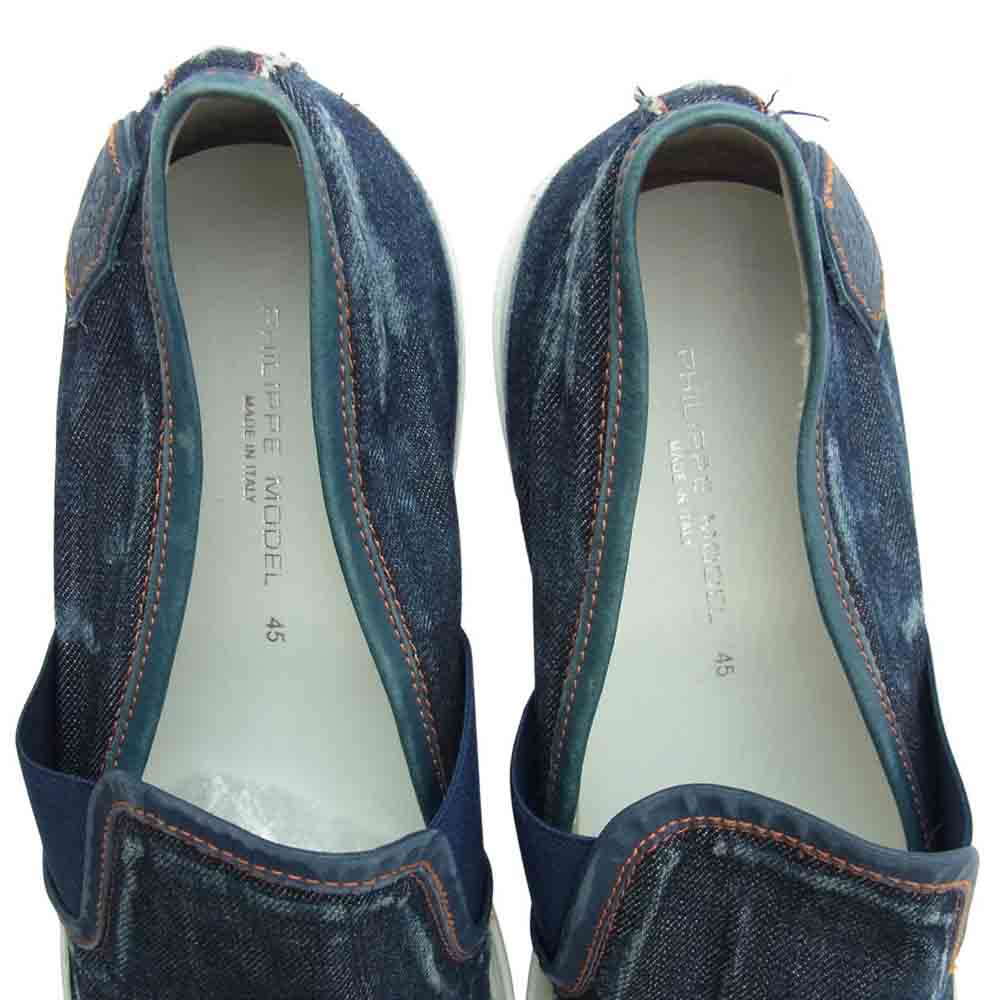 1piu1uguale3 ウノピュウノウグァーレトレ PHILIPPE MODEL フィリップモデル別注 TROPEZ DENIM USED加工 デニム スリッポン シューズ インディゴブルー系 45【中古】