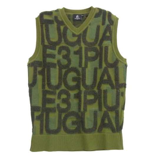 1piu1uguale3 ウノピュウノウグァーレトレ GRK056 PRY110 GOLF ゴルフ V-VEST KNIT BIG FULL LOGO ビッグロゴ Vネック ニット ベスト カーキ系 3【美品】【中古】