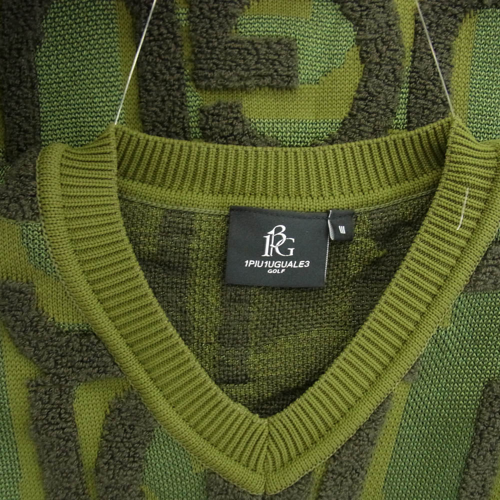 1piu1uguale3 ウノピュウノウグァーレトレ GRK056 PRY110 GOLF ゴルフ V-VEST KNIT BIG FULL LOGO ビッグロゴ Vネック ニット ベスト カーキ系 3【美品】【中古】