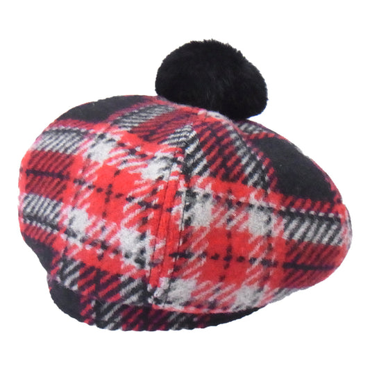 ジニーバイユージニアキム HTEI-IA1-3004 ボンボン ウール チェック柄 ハンチング 帽子 レッド系 M【極上美品】【中古】