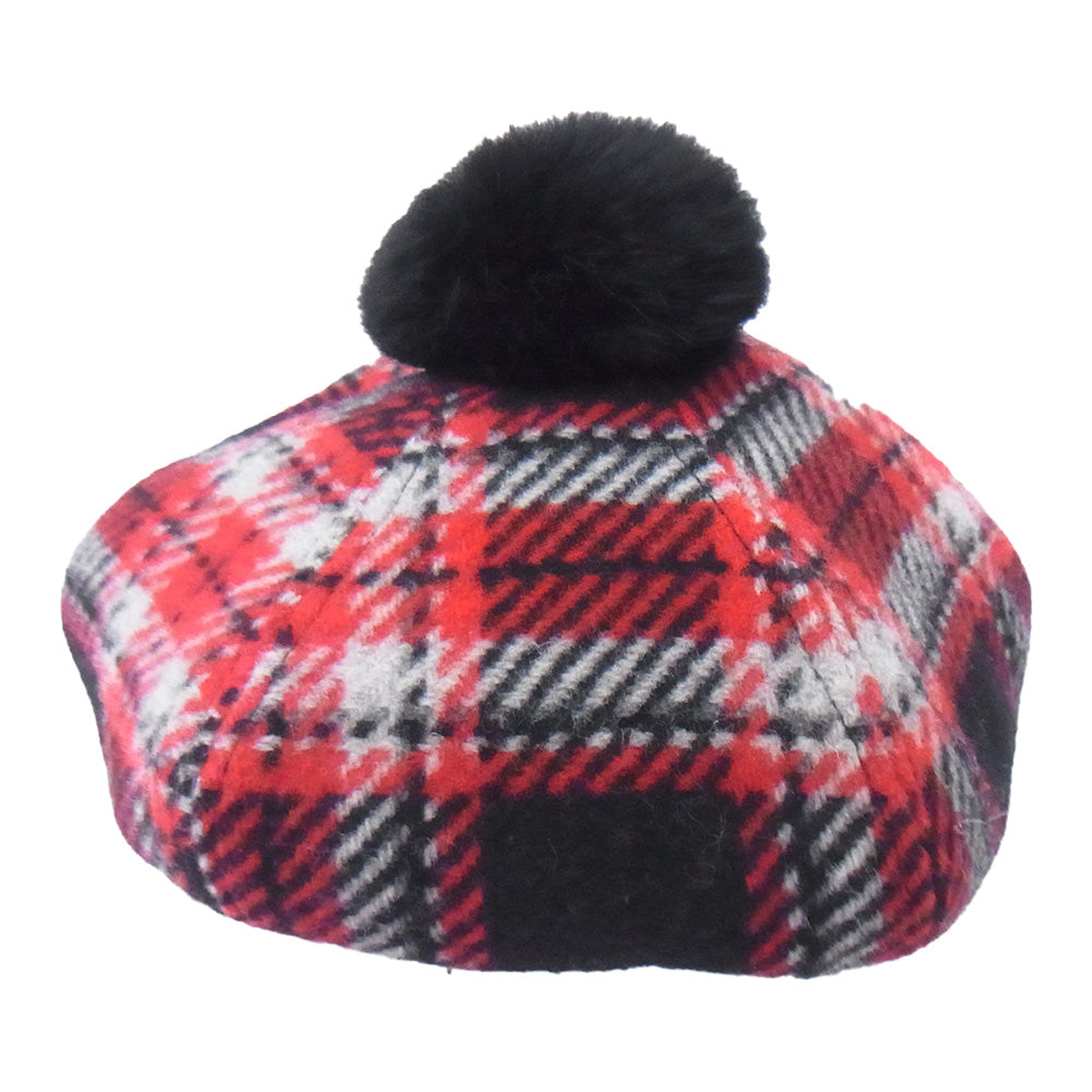 ジニーバイユージニアキム HTEI-IA1-3004 ボンボン ウール チェック柄 ハンチング 帽子 レッド系 M【極上美品】【中古】
