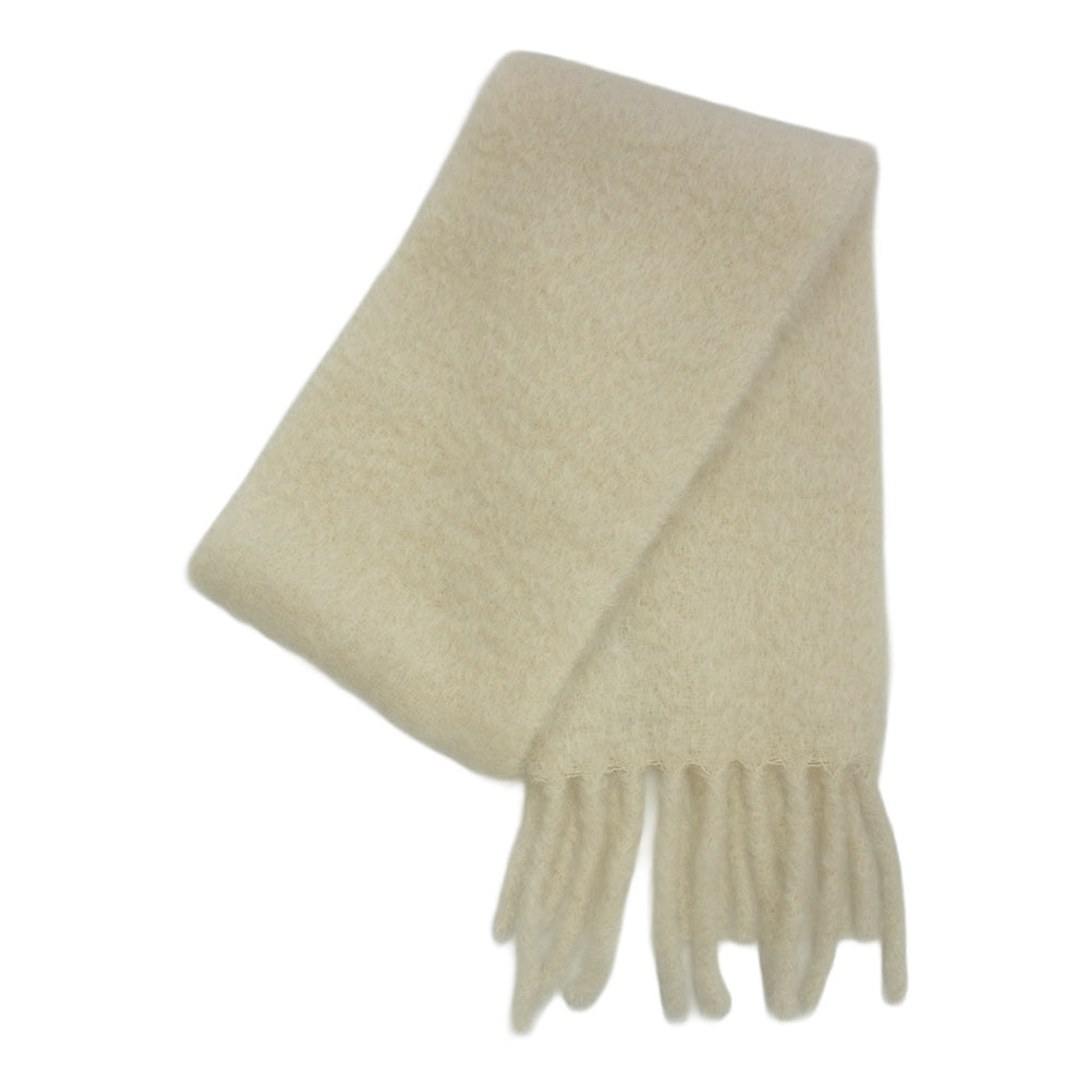 LOEWE ロエベ FSA6SS1X05 レザーロゴパッチ モヘヤ ウール フリンジ マフラー オフホワイト系【中古】