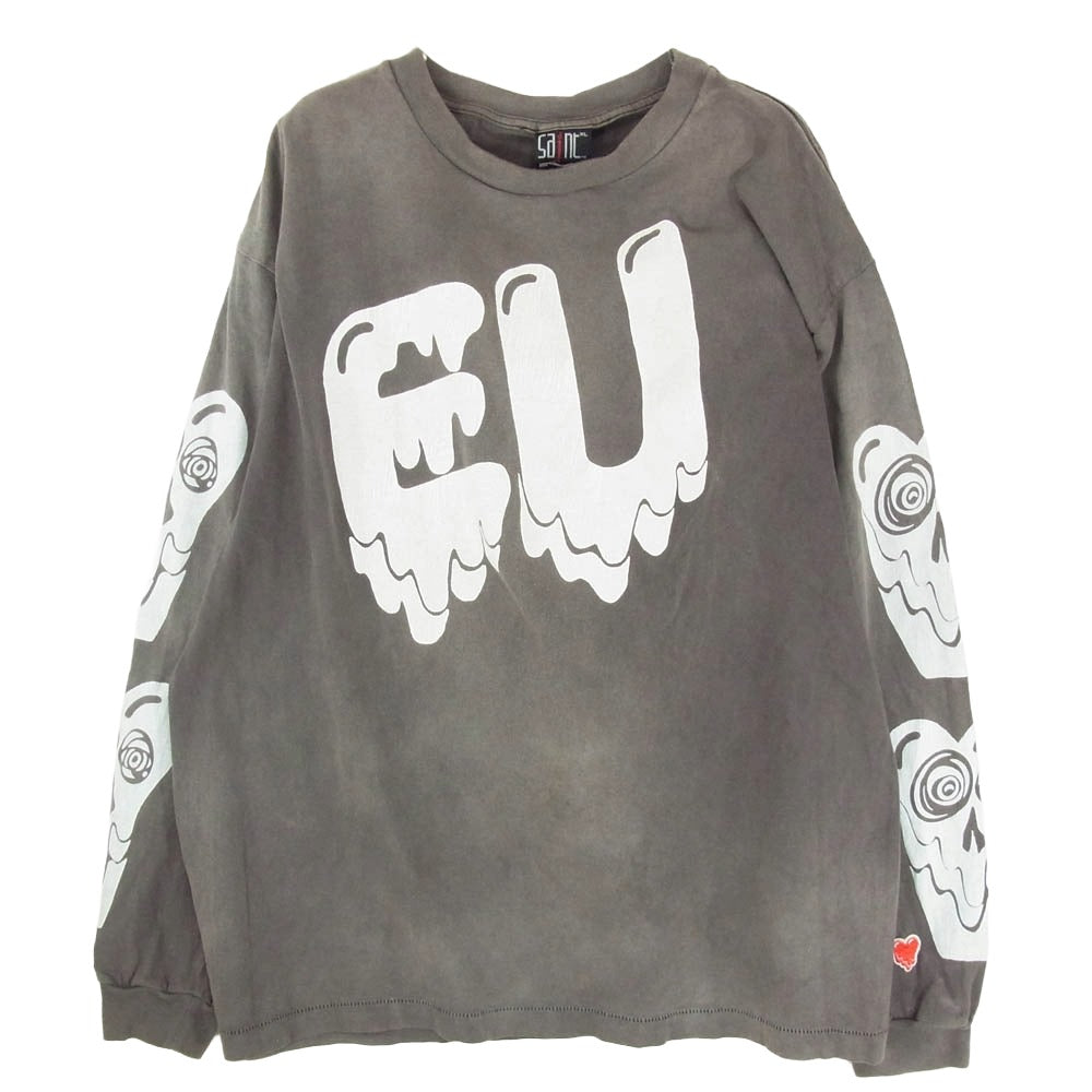 SAINT MICHAEL セントマイケル 21AW EU-A21-0000-055 × Emotionally Unavailable EU STM LS T エモーショナリーアンアベイラブル プリント ロングスリーブ USED 加工 長袖 Tシャツ カットソー チャコール系 XL【中古】