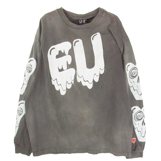 SAINT MICHAEL セントマイケル 21AW EU-A21-0000-055 × Emotionally Unavailable EU STM LS T エモーショナリーアンアベイラブル プリント ロングスリーブ USED 加工 長袖 Tシャツ カットソー チャコール系 XL【中古】