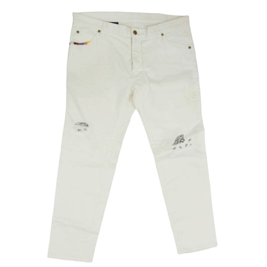 1piu1uguale3 ウノピュウノウグァーレトレ MRP367 BANDANA バンダナ ダメージ リペア加工 スキニー デニム パンツ ホワイト系 8【極上美品】【中古】