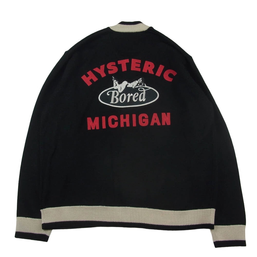 HYSTERIC GLAMOUR ヒステリックグラマー 02253NJ01 BORED MICHIGAN 刺繍 ジャンパー ジップアップ ニット ジャケット ブルゾン ブラック系 L【美品】【中古】
