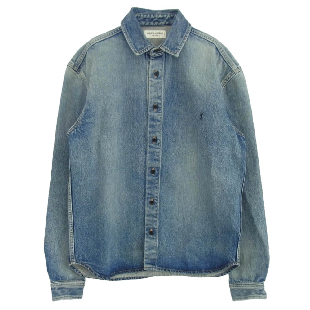 SAINT LAURENT サンローラン 23AW 753029 Y07JA Cassandre カサンドラ ロゴ 刺繍 デニム シャツ インディゴブルー系 S【美品】【中古】