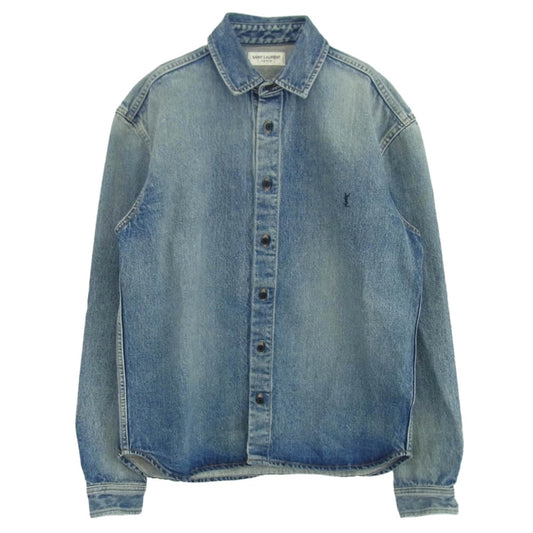 SAINT LAURENT サンローラン 23AW 753029 Y07JA Cassandre カサンドラ ロゴ 刺繍 デニム シャツ インディゴブルー系 S【美品】【中古】